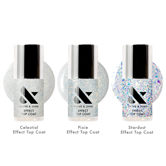 Speedy + Sparkly Top Coats Set featuring three glittery effect top coats for enhancing at-home manicures with shimmer and shine