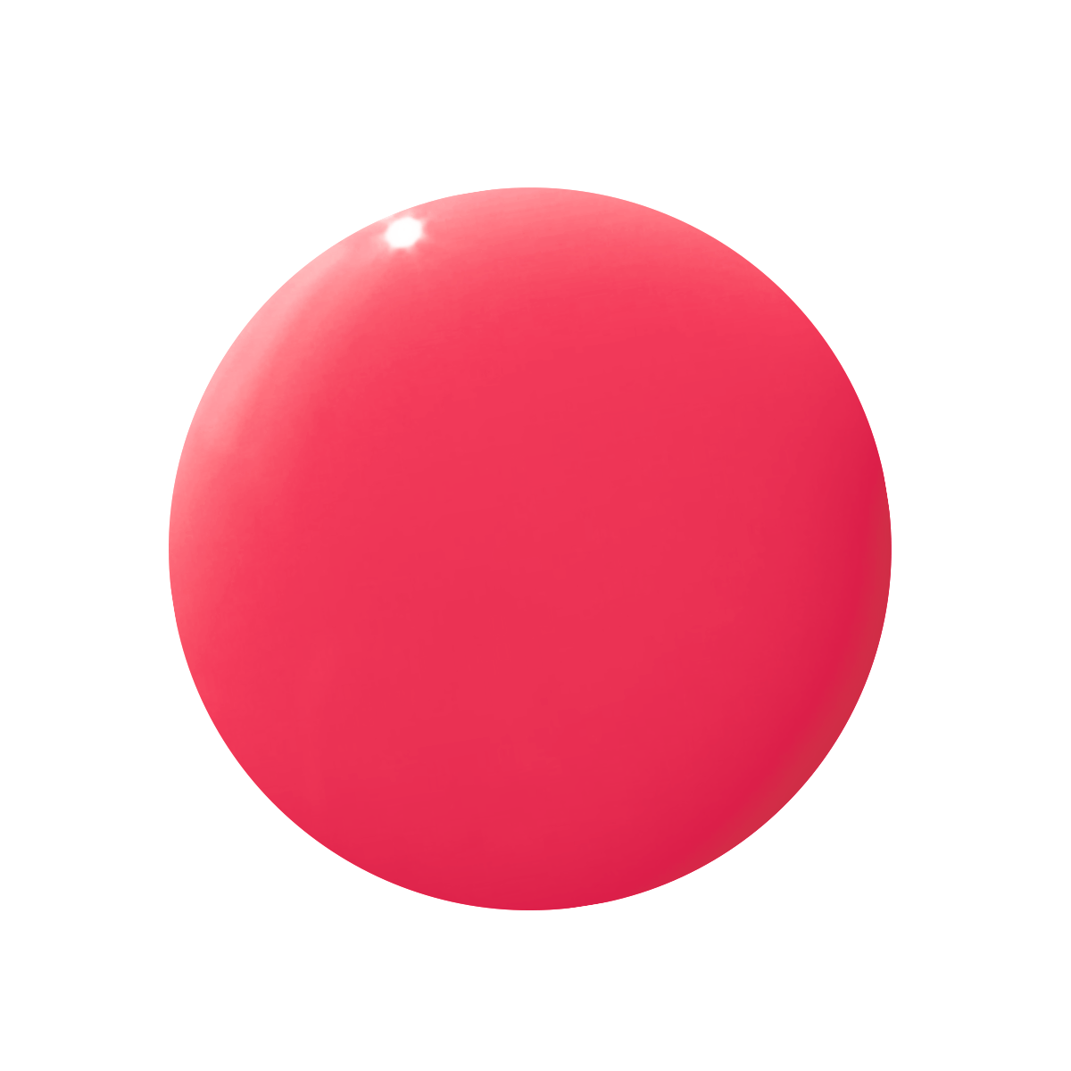 Glossy round swatch of Pomodoro quick dry nail polish in vibrant pinky-tomato red for manicures and pedicures