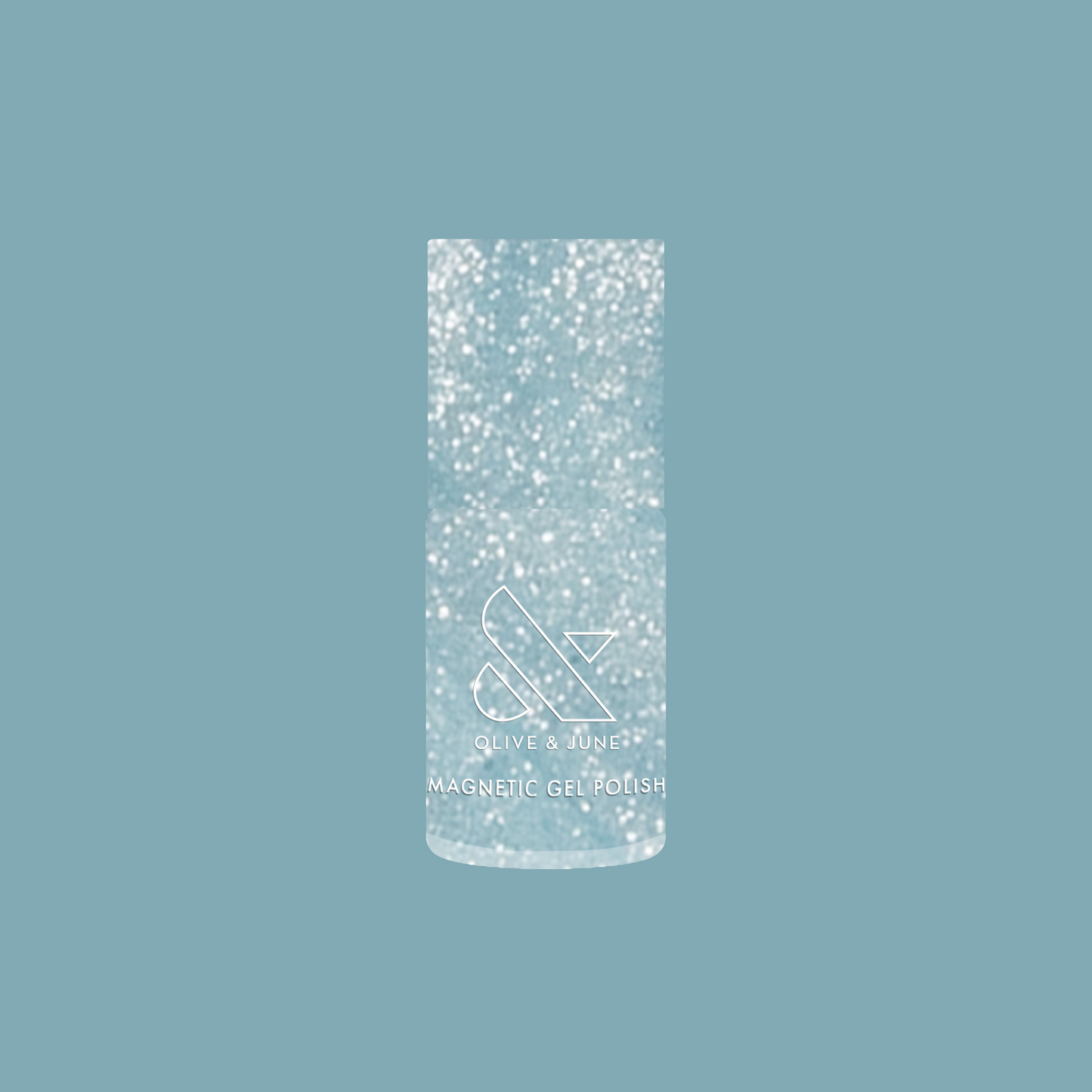 Olive and June Aqua Velvet - Gel magnetic gel polish bottle with shimmering bright pastel blue polish background
