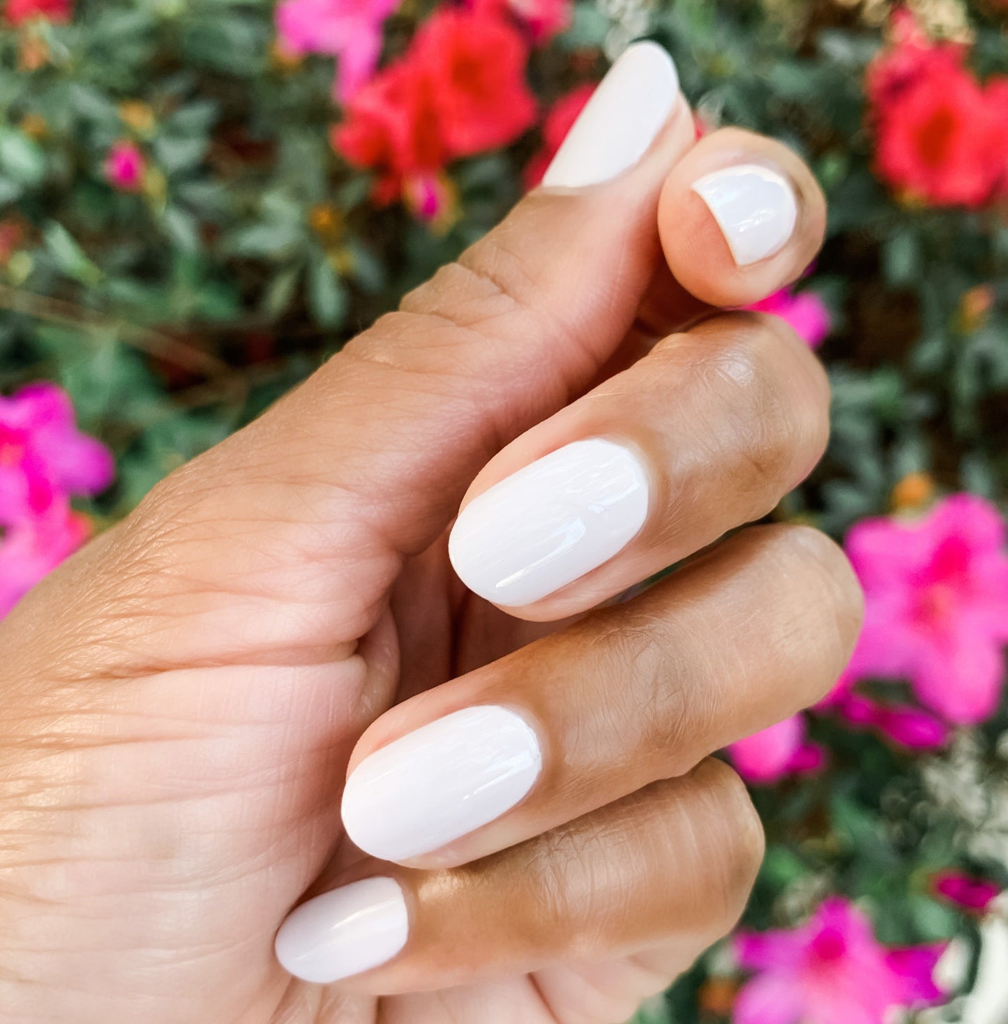Hand showing nails painted in TT, a smooth, long-lasting gel polish ideal for at-home manicures and pedicures