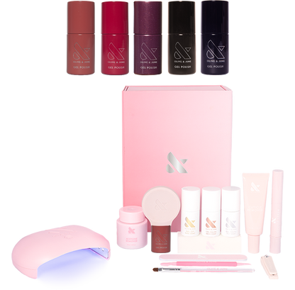 Bonus Fall Gel System including five seasonal gel polish shades and tools for easy, long-lasting at-home mani by Olive and June
