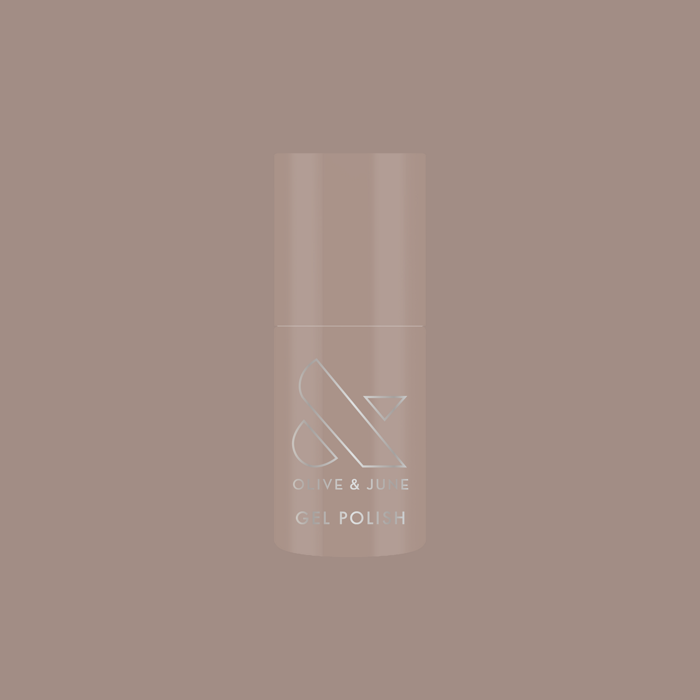 Bottle of AW - Gel polish in warm grey shade for chic, long-lasting manicure by Olive and June on muted background