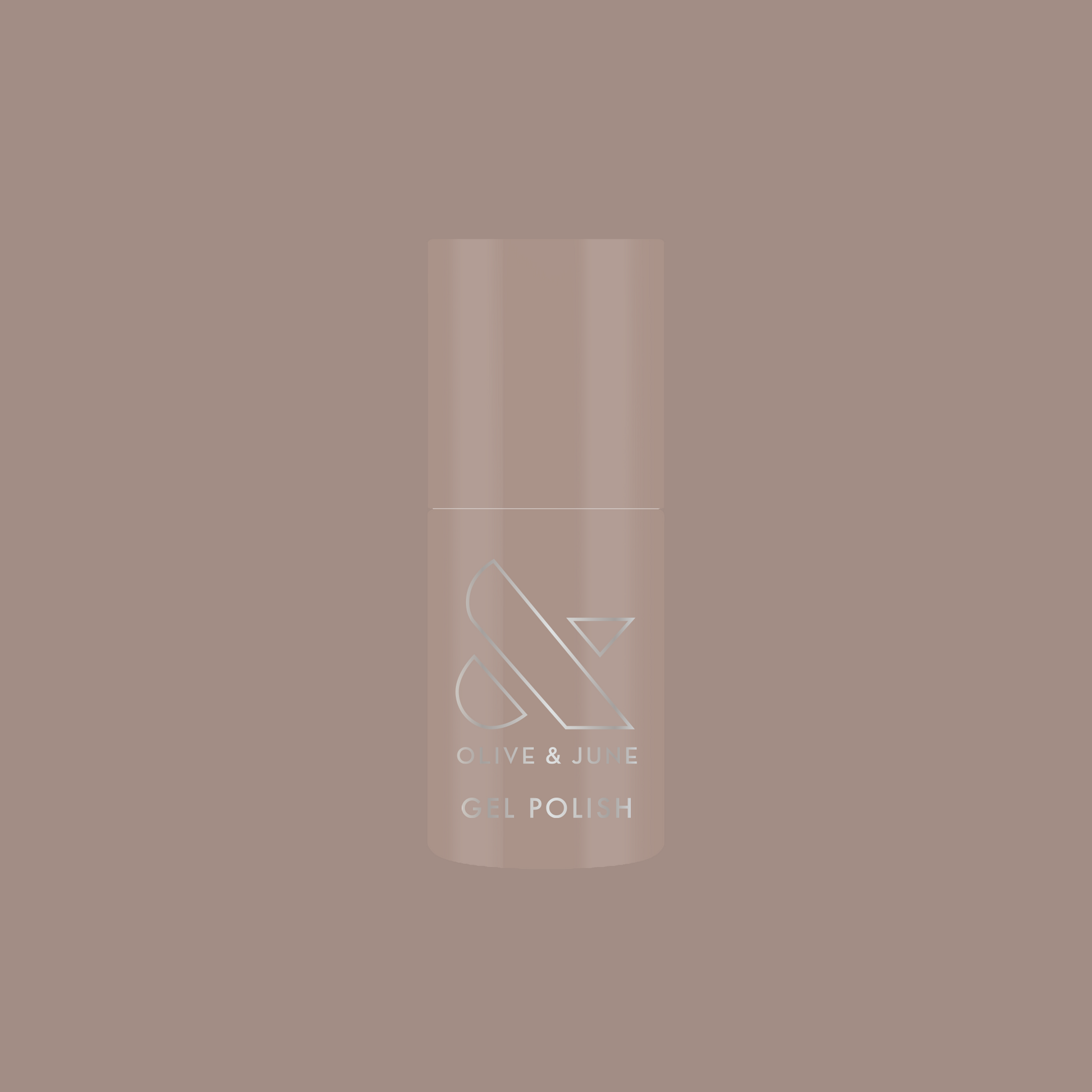 Bottle of AW - Gel polish in warm grey shade for chic, long-lasting manicure by Olive and June on muted background