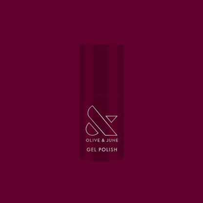 Mulberry - Gel polish bottle on rich deep maroon background for a premium long-lasting mani by Olive and June