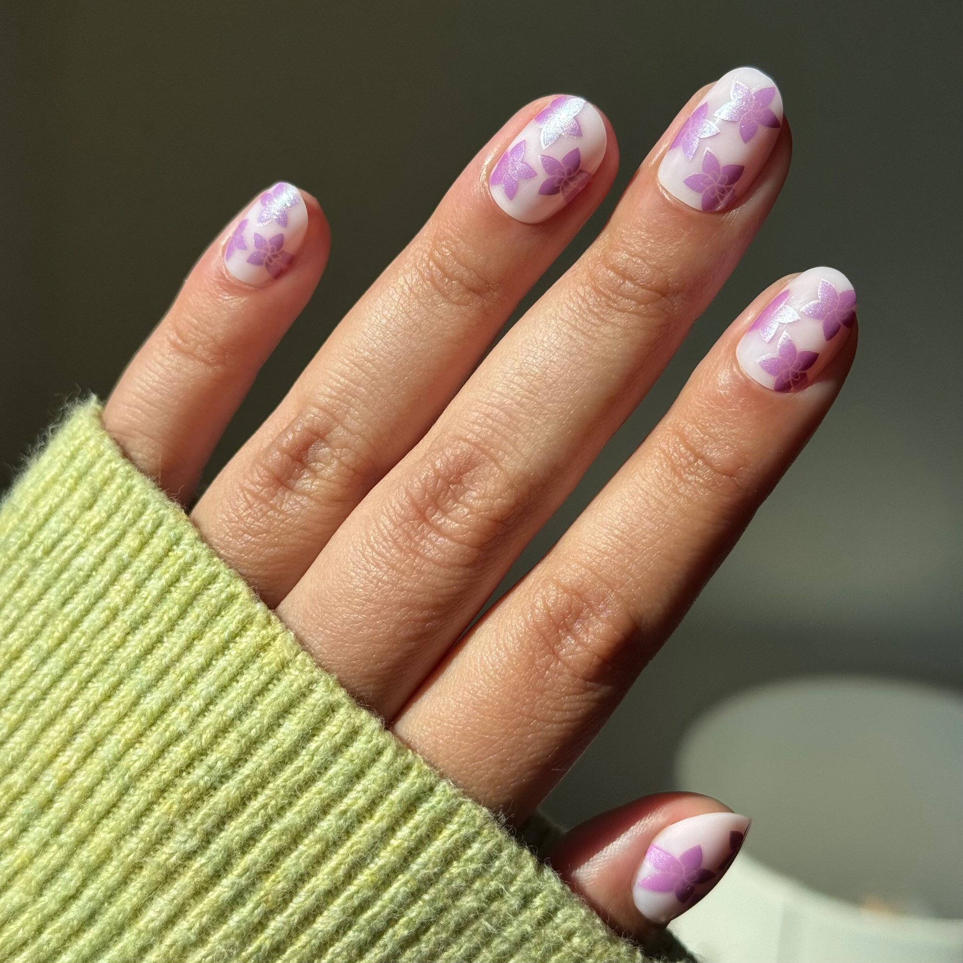 Chrome Petal Party - Press-On | Extra Short | Round neutral pink nails with purple chrome floral design for an easy at-home mani