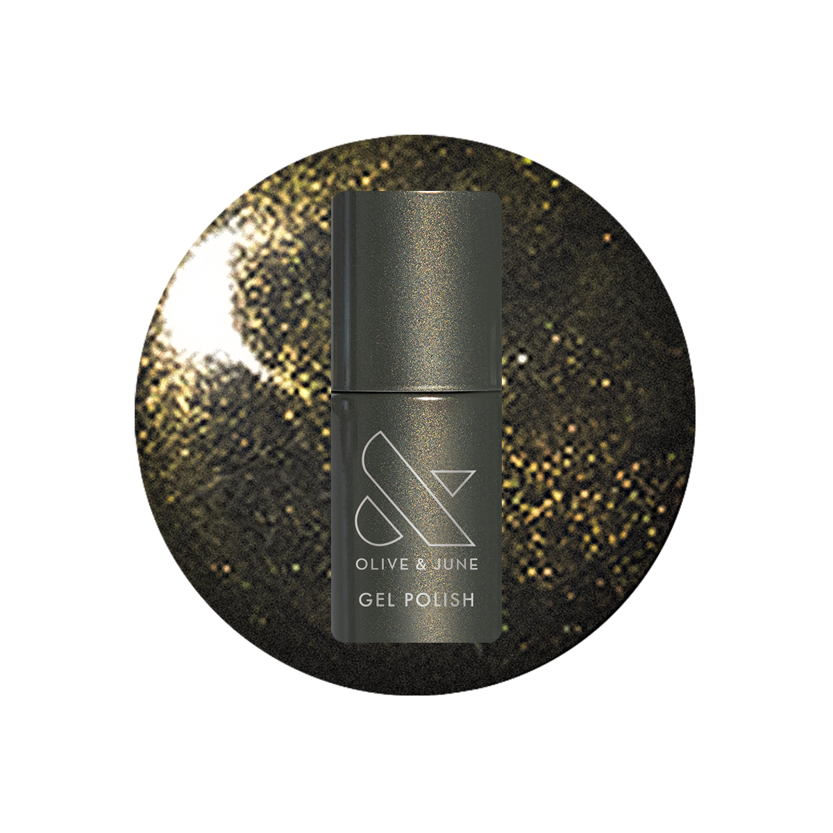 Martini Chrome Gel polish bottle shown with deep olive green and golden chrome shimmer for a luxe manicure by Olive and June