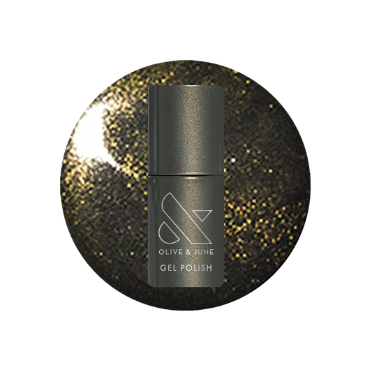 Martini Chrome Gel polish bottle shown with deep olive green and golden chrome shimmer for a luxe manicure by Olive and June