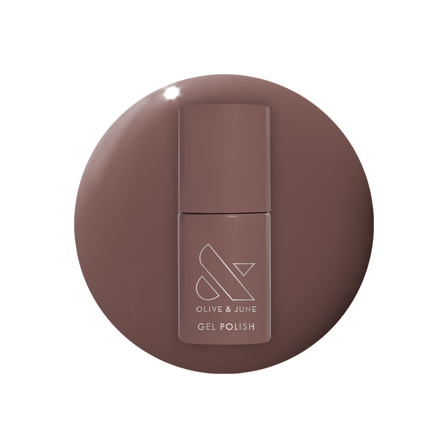 Olive and June Fawn - Gel polish bottle on a smooth swatch of warm brown neutral gel polish