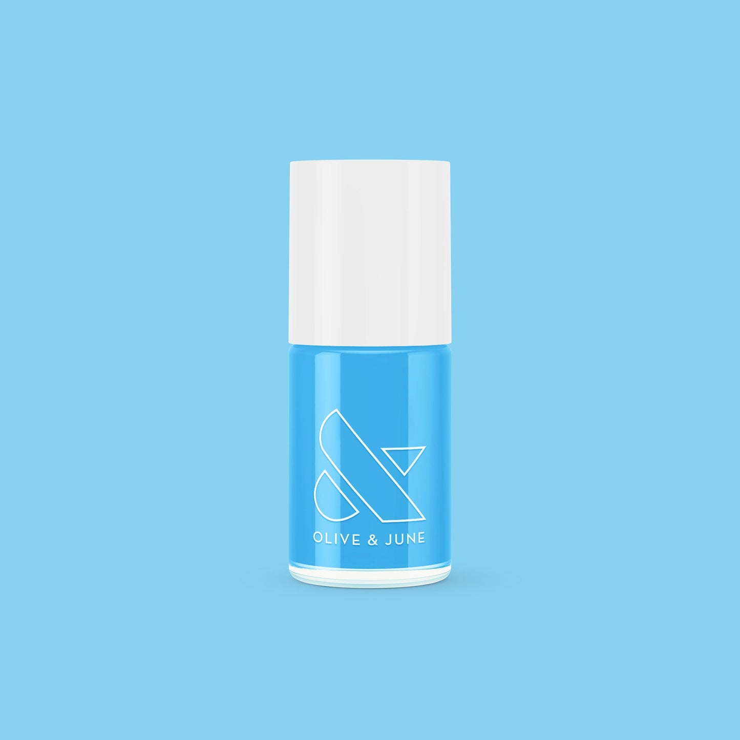 Bottle of Megababe Blue gel polish with white cap on solid blue background for vibrant nail color option