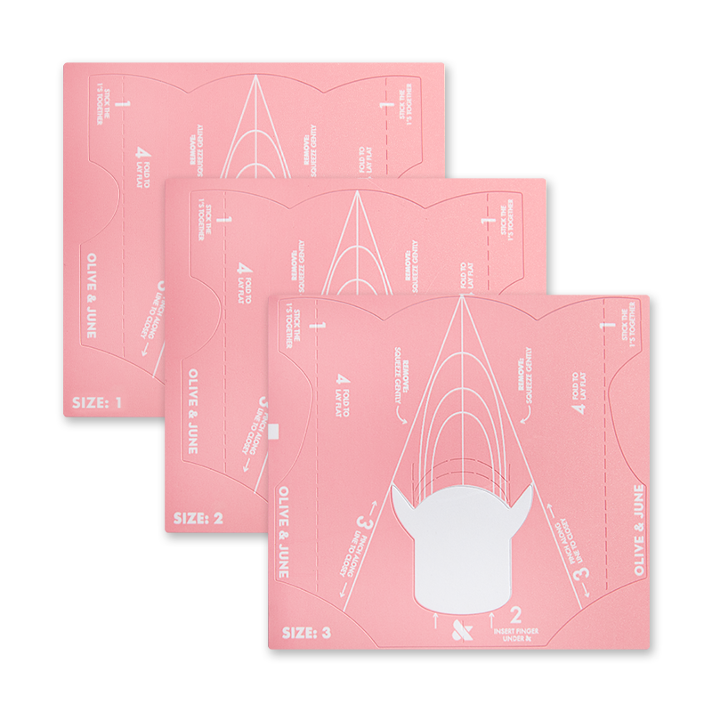 Easy Fit Nail Forms Pack with three sizes of pink nail sculpting guides for natural nail extensions by Olive and June