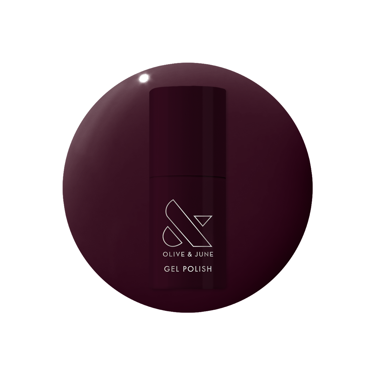 Bottle of Covet - Gel polish in a deep cool plum shade set on a matching gel polish swatch background