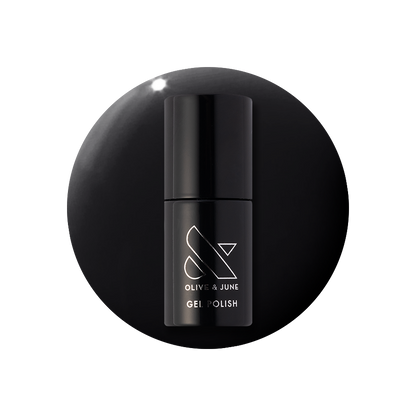 E+M - Gel black polish bottle on a matching deep black gel polish drop for a sleek manicure by Olive and June