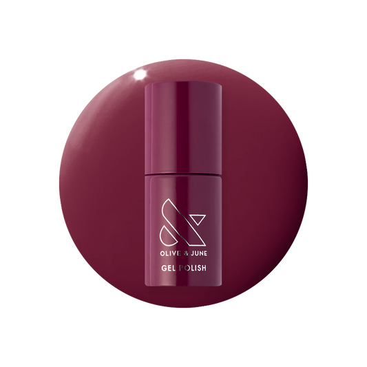 Mulberry - Gel polish bottle on deep maroon background for a rich and long-lasting manicure by Olive and June