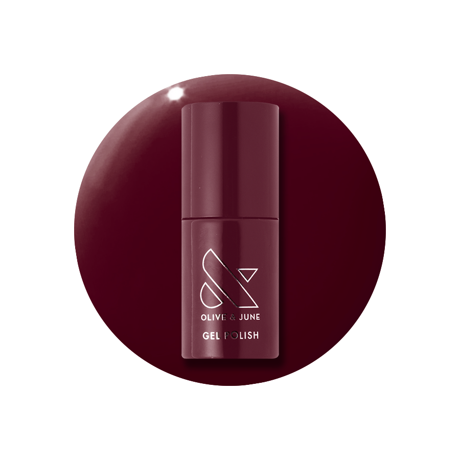 Obsessed - Gel bottle displayed in deep dark ruby red for a rich, long-lasting gel polish manicure by Olive and June