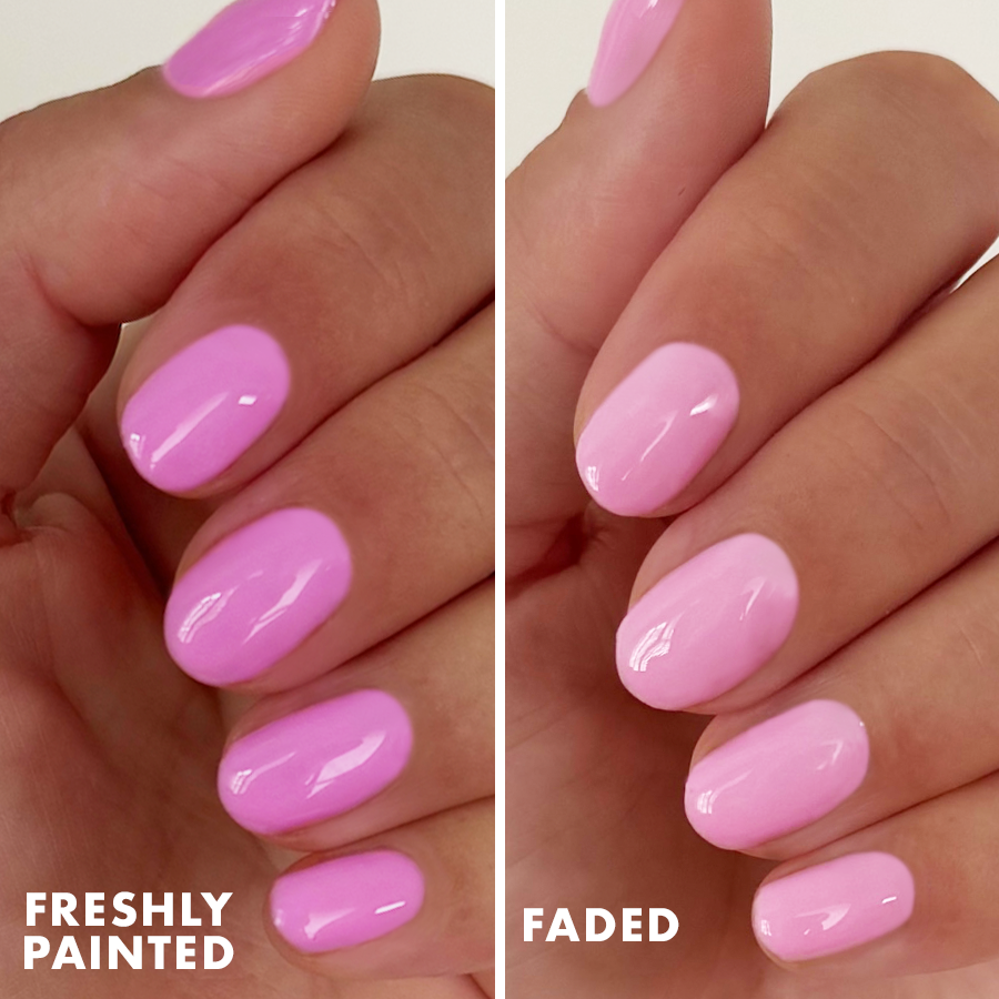 Permanent Vacation - Gel showing bright pink gel polish freshly applied and faded to soft bubblegum on rounded nails for mani.