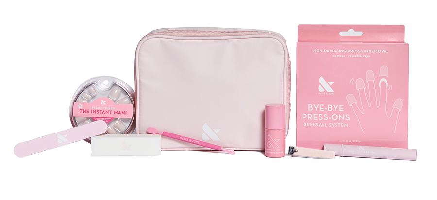 Press-On System - 4 Sets with pink pouch, nail file, remover system, polish, and manicure tools for easy at-home nail care