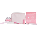 Press-On System - 4 Sets displayed with pink pouch, nail file, remover kit, brush, and nail polish for easy at-home mani care