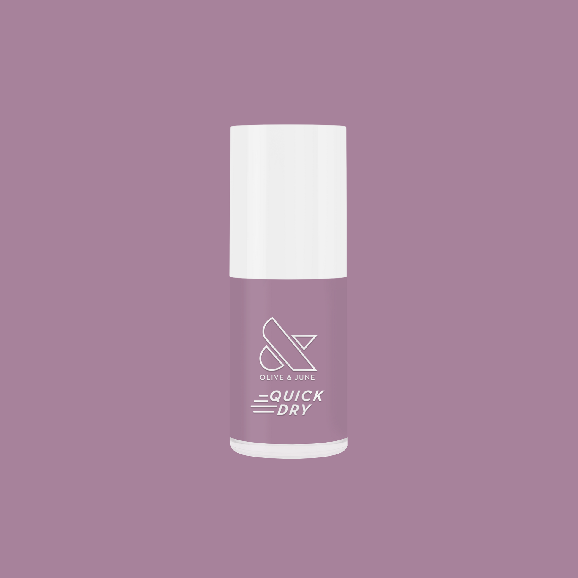 Bottle of Dreamy sheer milky pastel lavender quick dry gel polish by Olive and June on a matching lavender background