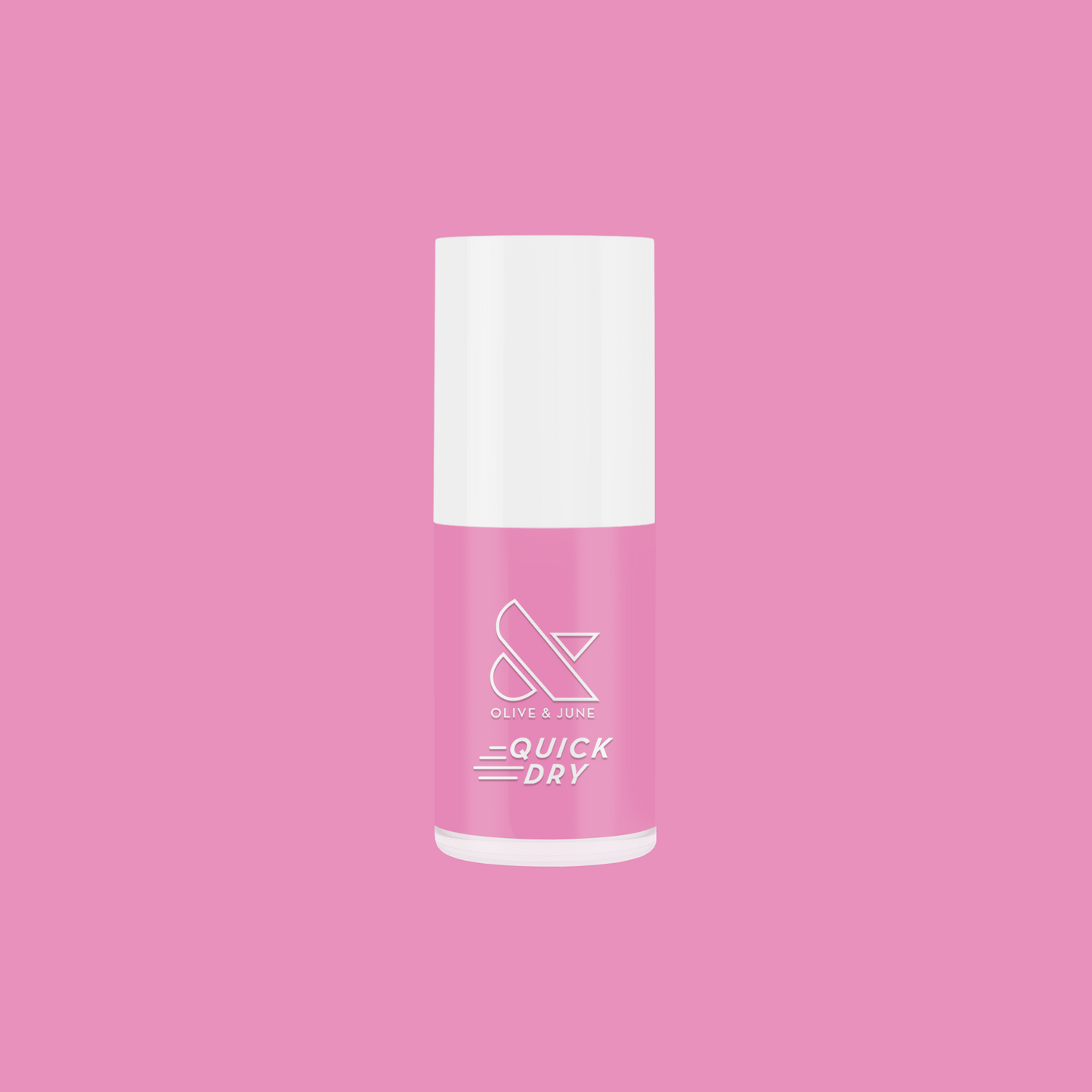 Bottle of Taffy quick dry gel polish in bright pink by Olive and June on a solid pink background