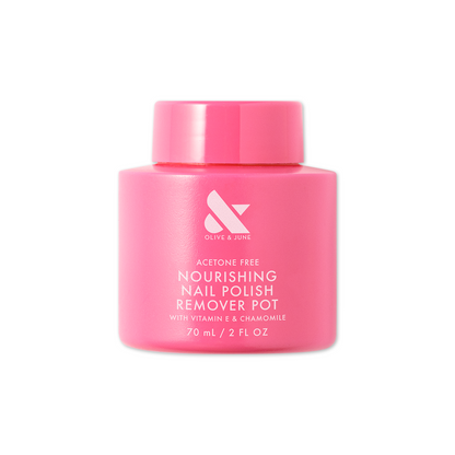 Nourishing Remover Pot in pink container for gentle nail polish removal with vitamin E and chamomile care