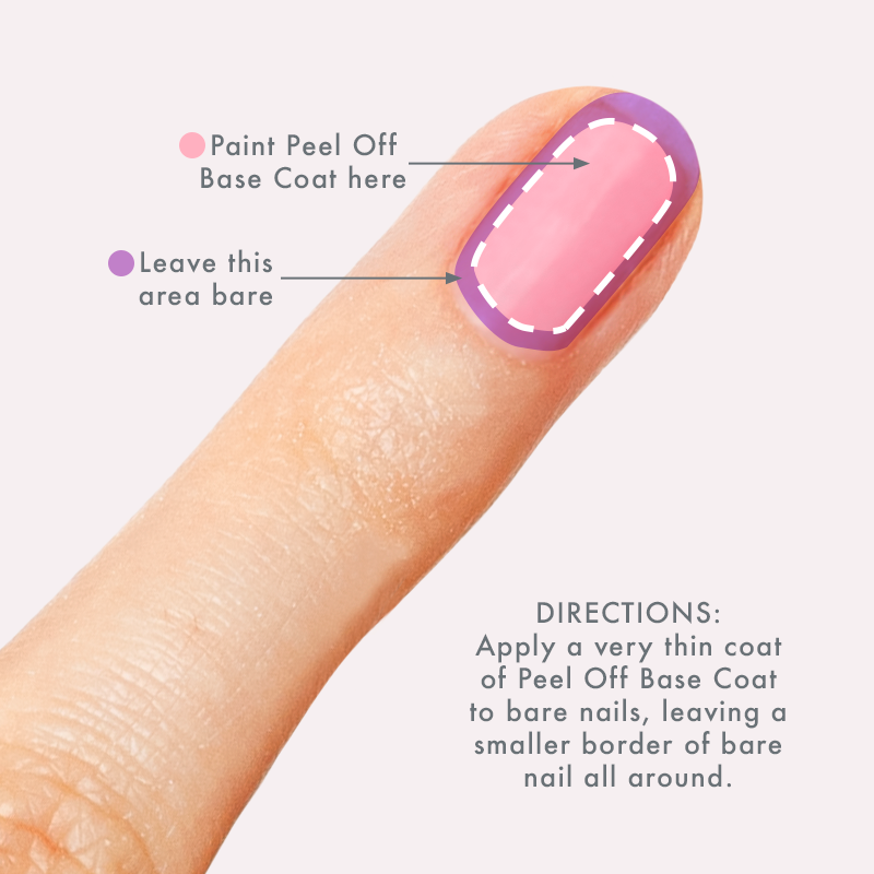 Finger with visual guide showing where to apply Peel Off Base Coat on nail, with application directions for at-home mani.