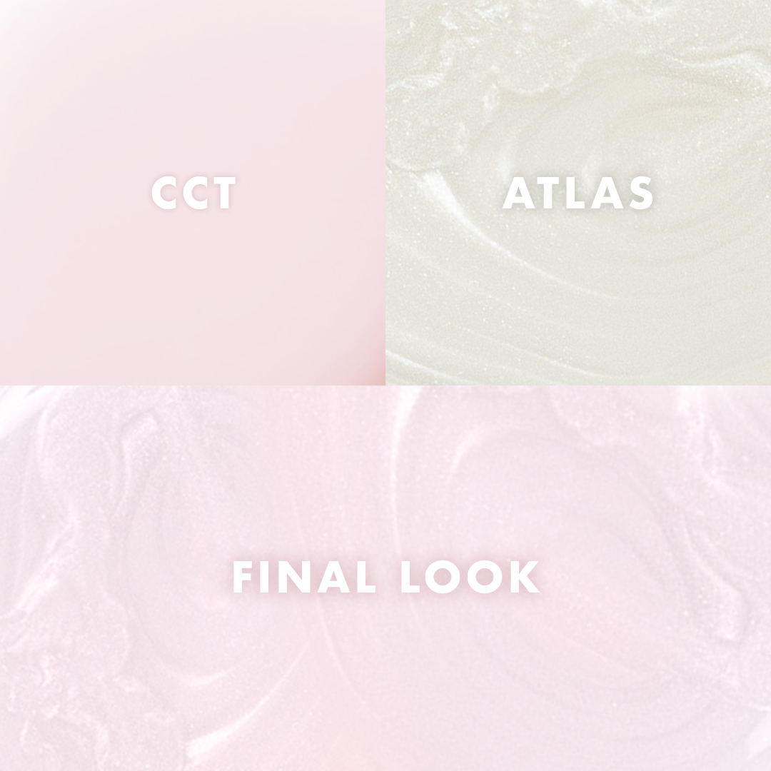 Pearl Mani System showing soft pink and pearlescent gel polish swatches with a blended final manicure color