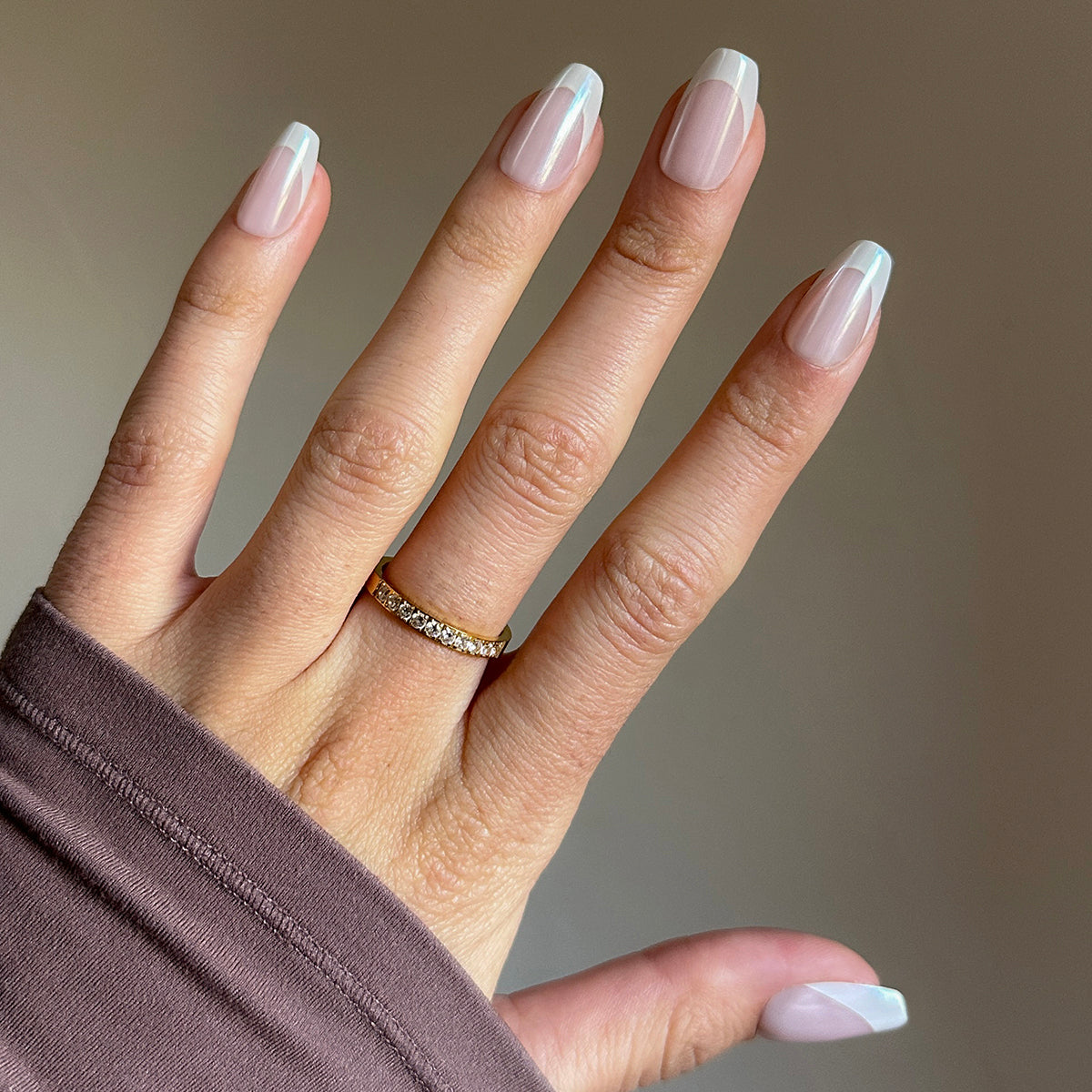White Chrome French - Press-On | Medium | Coffin nails with glossy white tips and a subtle chrome glaze for an easy at-home manicure